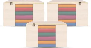 Canvas Storage Bag Organizer to Protect from Moth, Moist, Dirt, Dust, etc. - Set of 3 (15" L x 13" W x 9" H) Garment Storage Bags for Clothes, Sweaters and More –Underbed Storage Bag