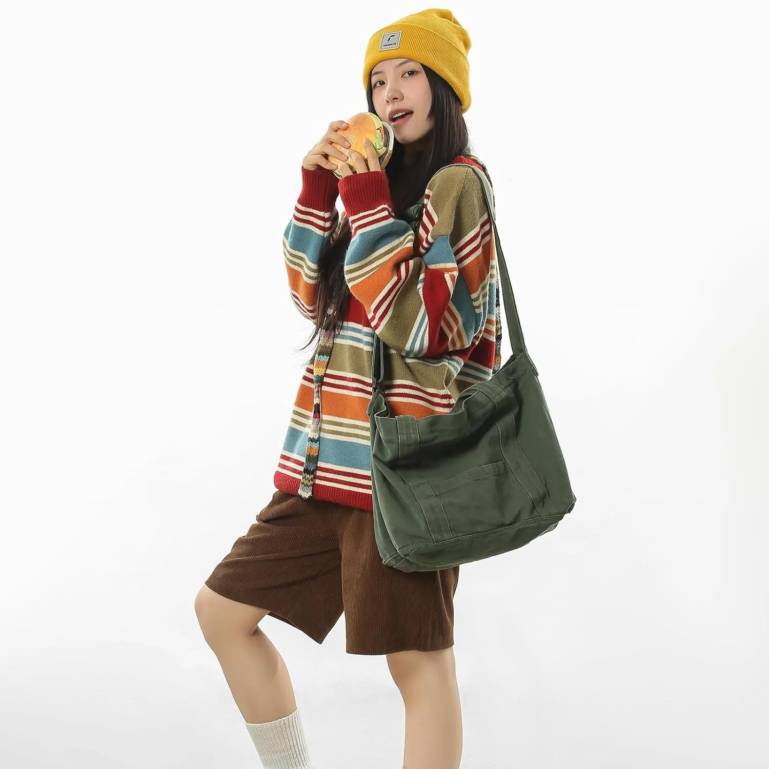 Canvas Tote Bag for Women with Pockets Cute Small Crossbody Bag Purses Handbag for Work Beach Tote Bag