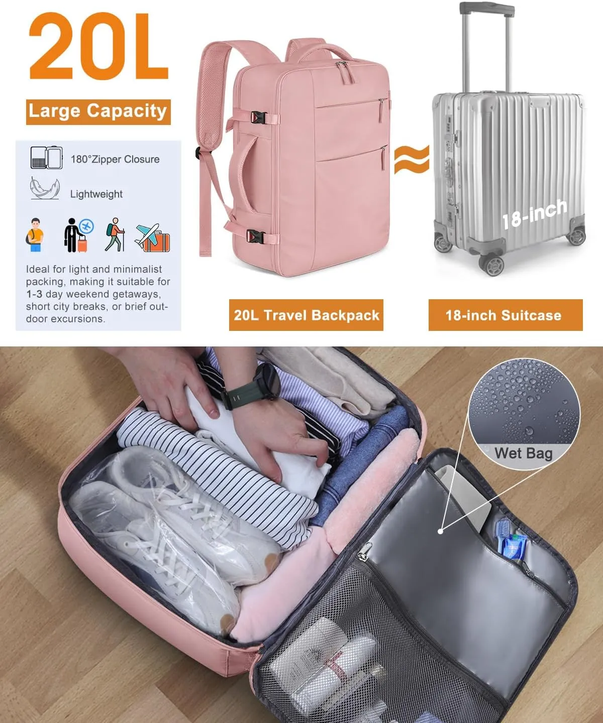 Capolo Travel Backpack for Women Men Waterproof Laptop Backpack Airlines Approved Carry On Backpack Bag Computer Bookbag for Business, Work, Traveling Fits 15.6 Inch Laptop(Pink)