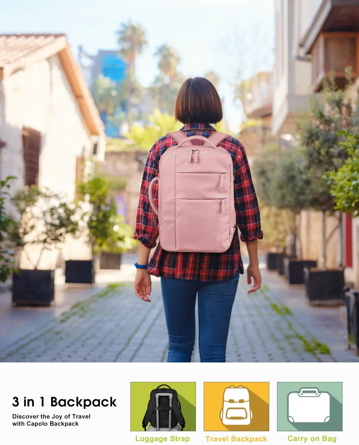 Capolo Travel Backpack for Women Men Waterproof Laptop Backpack Airlines Approved Carry On Backpack Bag Computer Bookbag for Business, Work, Traveling Fits 15.6 Inch Laptop(Pink)