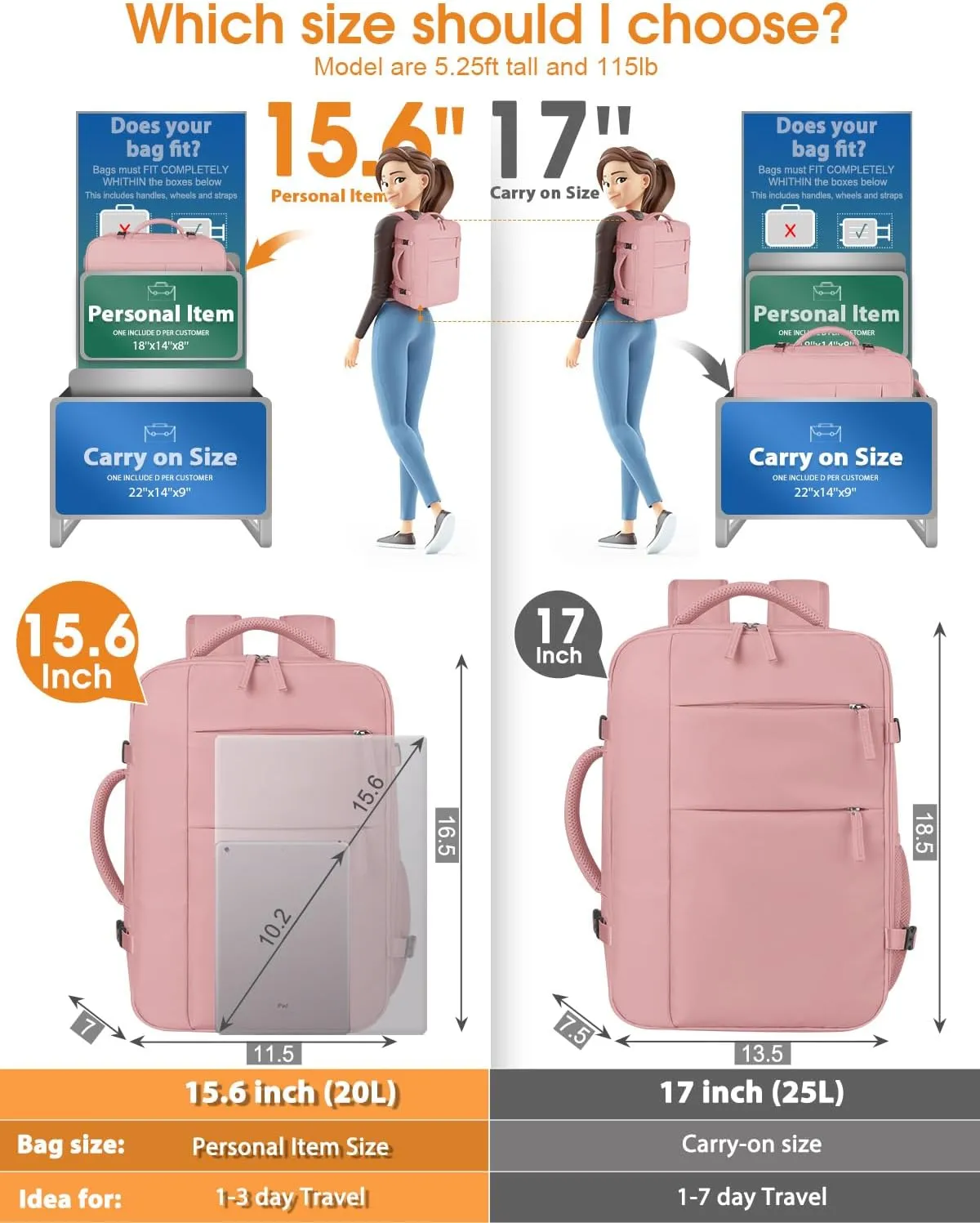 Capolo Travel Backpack for Women Men Waterproof Laptop Backpack Airlines Approved Carry On Backpack Bag Computer Bookbag for Business, Work, Traveling Fits 15.6 Inch Laptop(Pink)