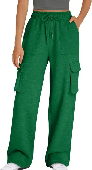 Cargo Straight Leg Pants for Women Multi Pockets Drawstring High Waisted Lounge Pants Outdoor Casual Wide Leg Pants
