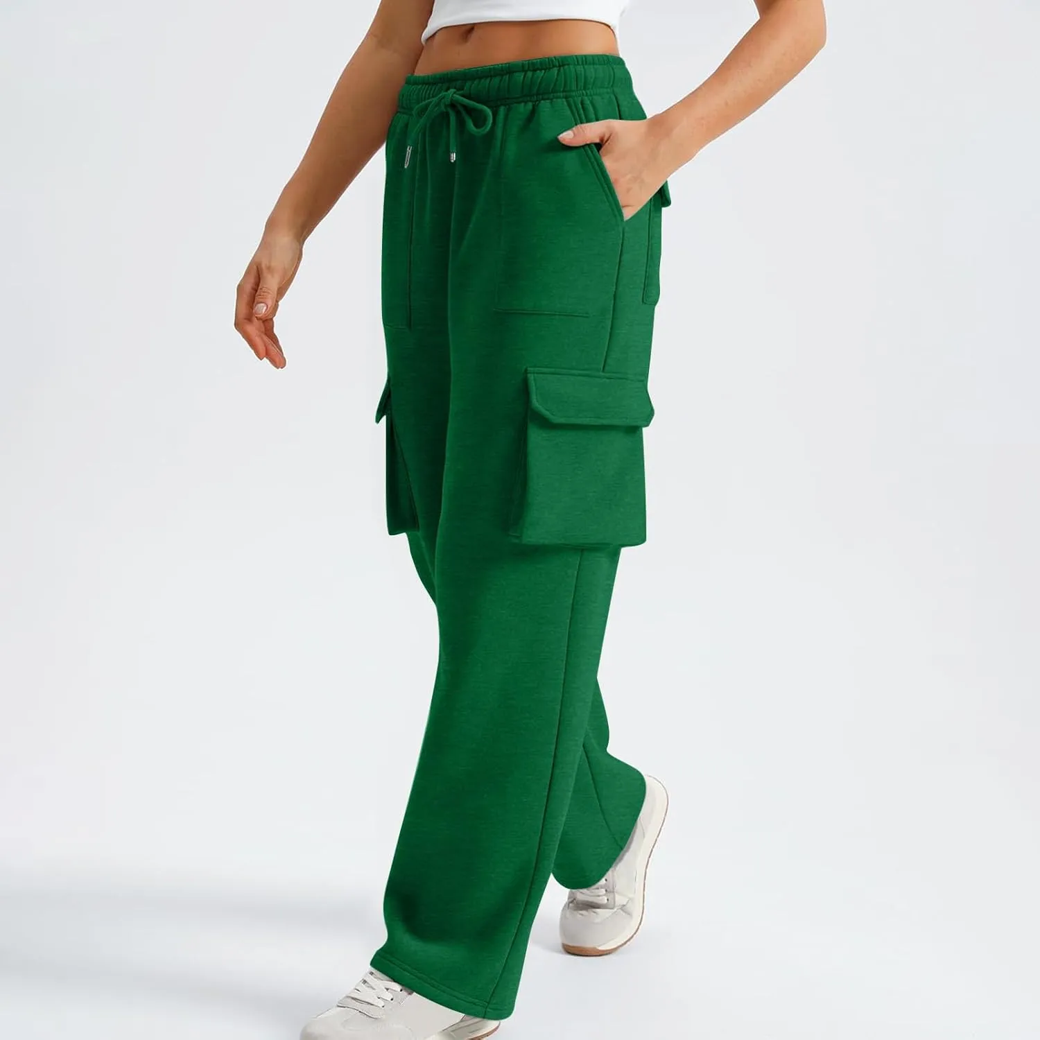 Cargo Straight Leg Pants for Women Multi Pockets Drawstring High Waisted Lounge Pants Outdoor Casual Wide Leg Pants
