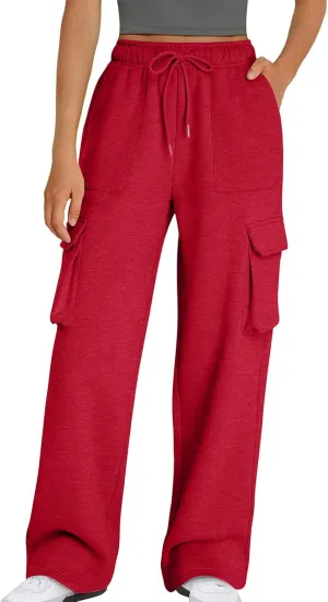 Cargo Straight Leg Pants for Women Multi Pockets Drawstring High Waisted Lounge Pants Outdoor Casual Wide Leg Pants