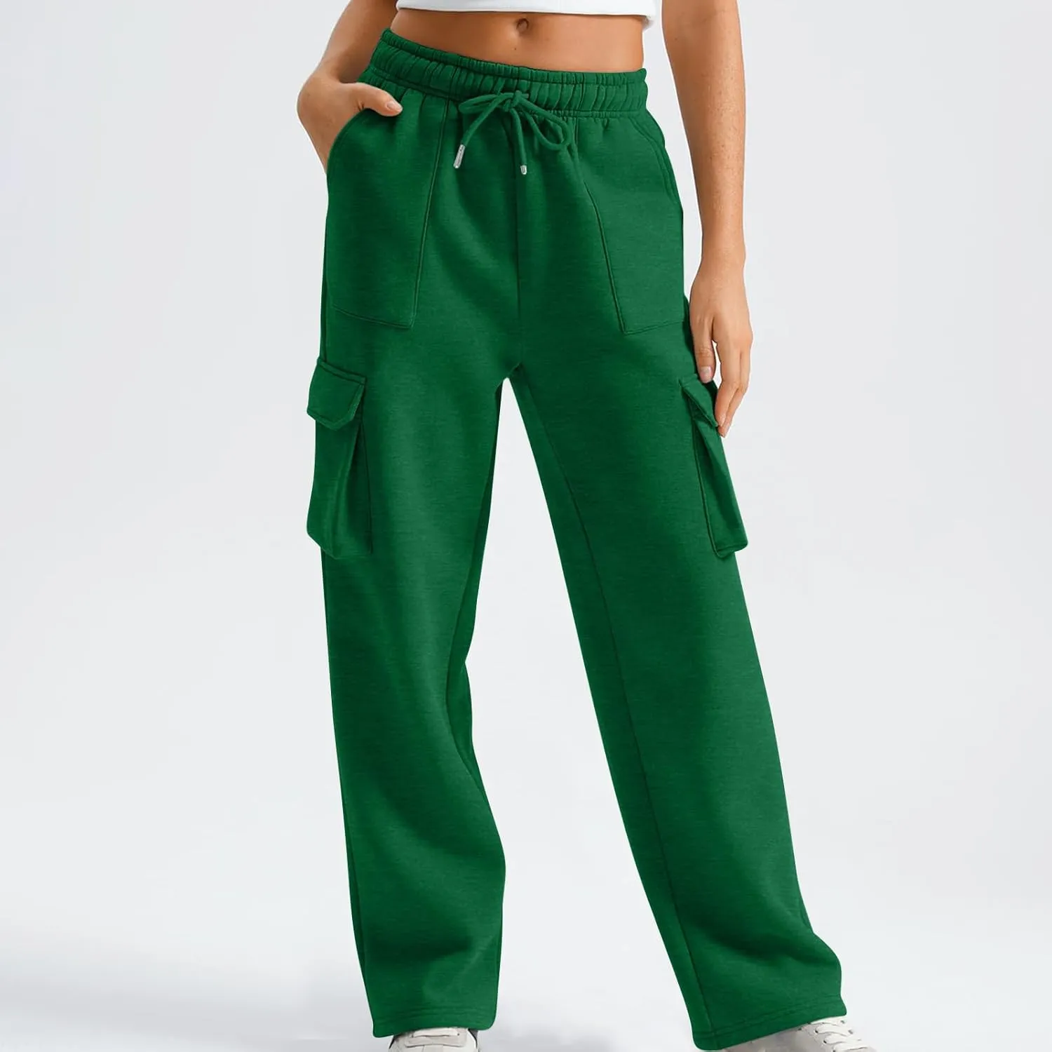 Cargo Straight Leg Pants for Women Multi Pockets Drawstring High Waisted Lounge Pants Outdoor Casual Wide Leg Pants