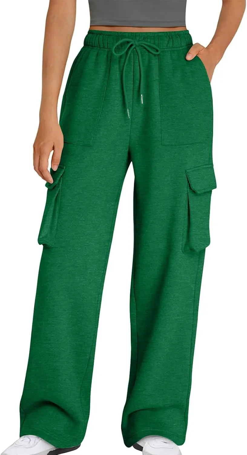 Cargo Straight Leg Pants for Women Multi Pockets Drawstring High Waisted Lounge Pants Outdoor Casual Wide Leg Pants