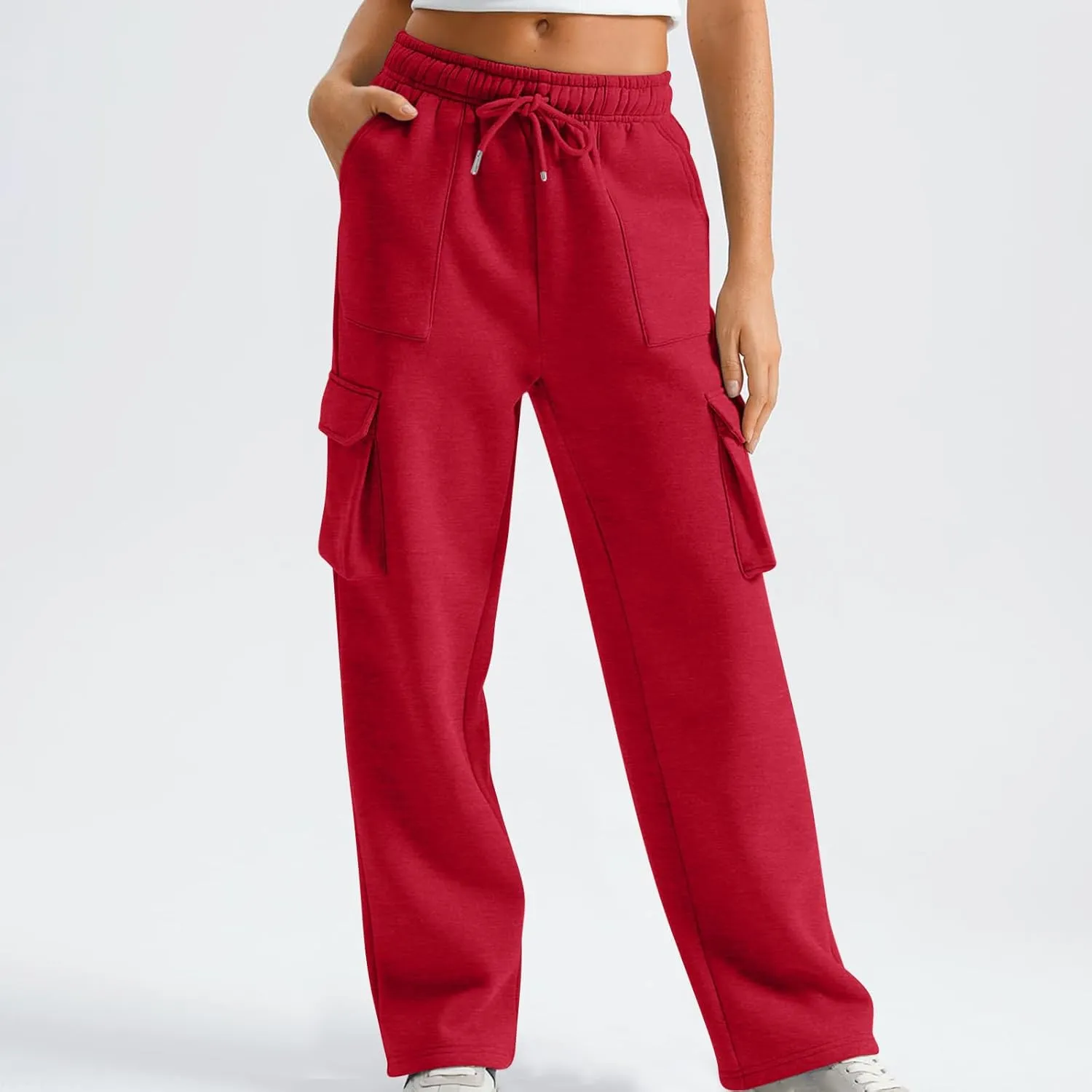 Cargo Straight Leg Pants for Women Multi Pockets Drawstring High Waisted Lounge Pants Outdoor Casual Wide Leg Pants