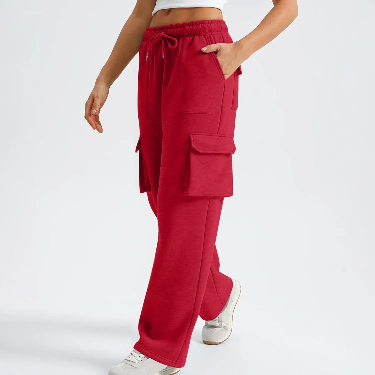 Cargo Straight Leg Pants for Women Multi Pockets Drawstring High Waisted Lounge Pants Outdoor Casual Wide Leg Pants