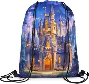 Cartoon Castle Waterproof Drawstring Backpack Princess Theme Snow Tree Drawstring Bag Watercolor Sky Blue Romantic String Bag for Gym Shopping Sport Yoga