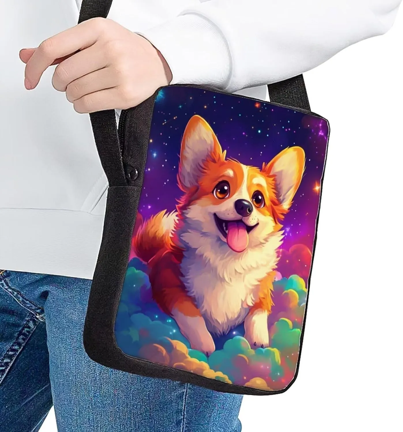 Cartoon Corgi Messenger Bag for Girls Lightweight Cell Phone Purse Galaxy Design Small Crossbody Bag Portable Crossbody Shoulder Pouch for Travel Work