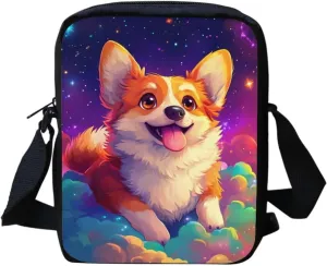 Cartoon Corgi Messenger Bag for Girls Lightweight Cell Phone Purse Galaxy Design Small Crossbody Bag Portable Crossbody Shoulder Pouch for Travel Work