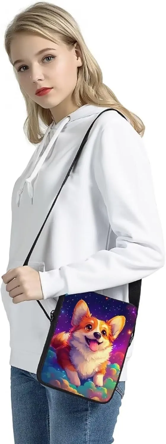 Cartoon Corgi Messenger Bag for Girls Lightweight Cell Phone Purse Galaxy Design Small Crossbody Bag Portable Crossbody Shoulder Pouch for Travel Work