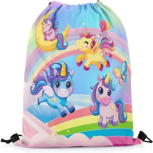 Cartoon Unicorns Drawstring Bag Colorful Rainbow Gradient Sky Glitter Stars Draw String Backpack for Adults Men Women Cute Animals Wild Butterfly Dreamy Gym Sports Sackpack String Bag 13"x16"