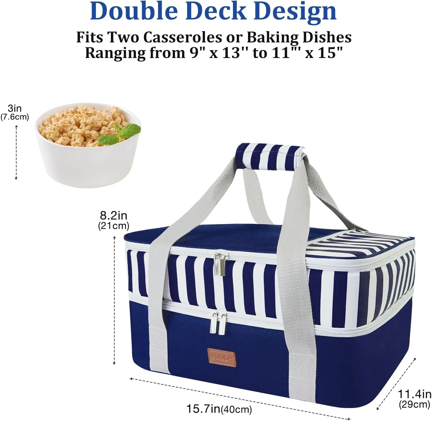 Casserole Carrier Bag - Double Decker Food Bag, Insulated Casserole Carrier for Hot or Cold Food, Lasagna Holder Tote for Picnics,Beaches,Traveling or Gifts (Blue)