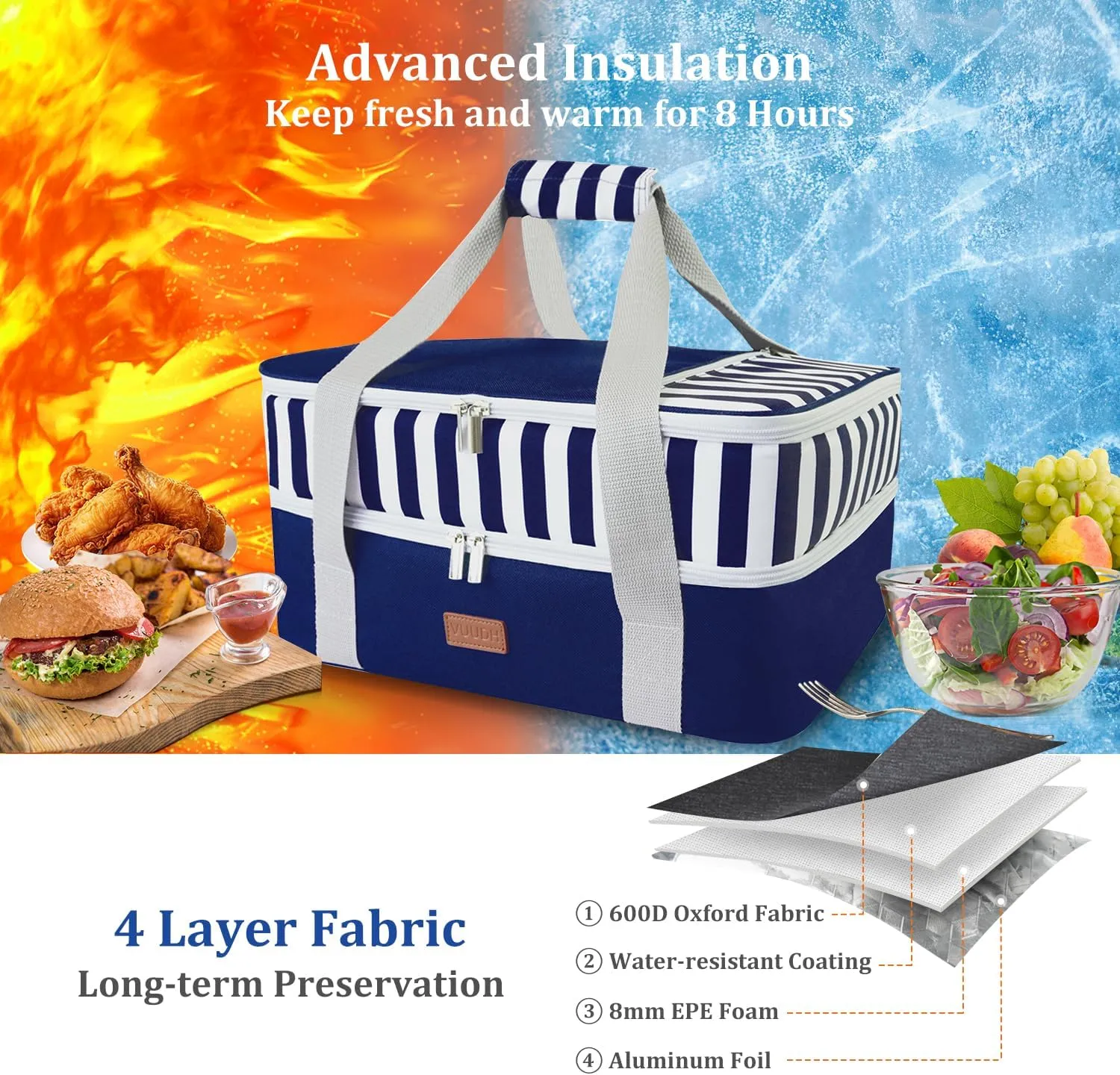 Casserole Carrier Bag - Double Decker Food Bag, Insulated Casserole Carrier for Hot or Cold Food, Lasagna Holder Tote for Picnics,Beaches,Traveling or Gifts (Blue)