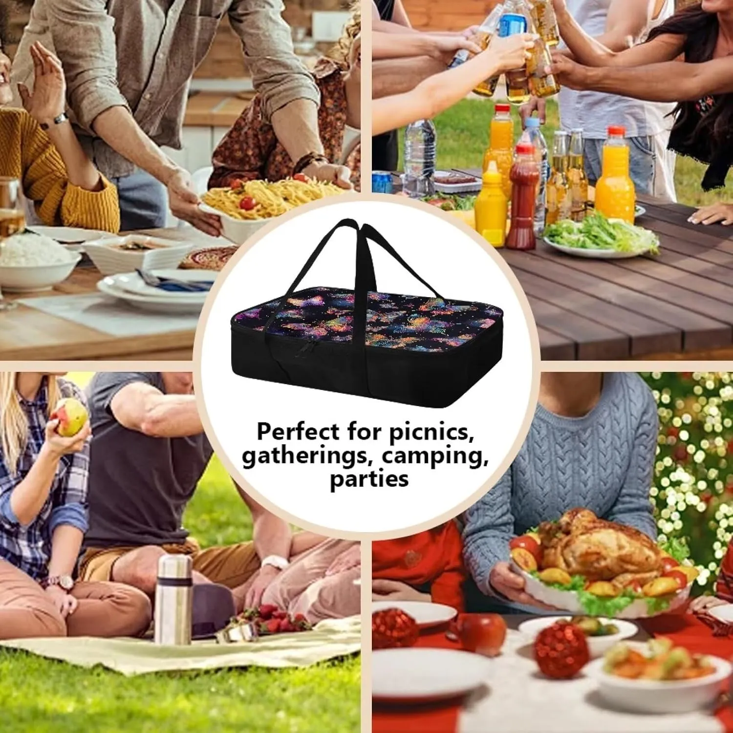 Casserole Carrier Insulated Cooler Bag Food Warmer Carrier Heat Retaining Pie Tote Thermal Lunch Bag Fits 9" x 13" Baking Dish Suitable for Potluck Picnic, Colorful Butterfly Black