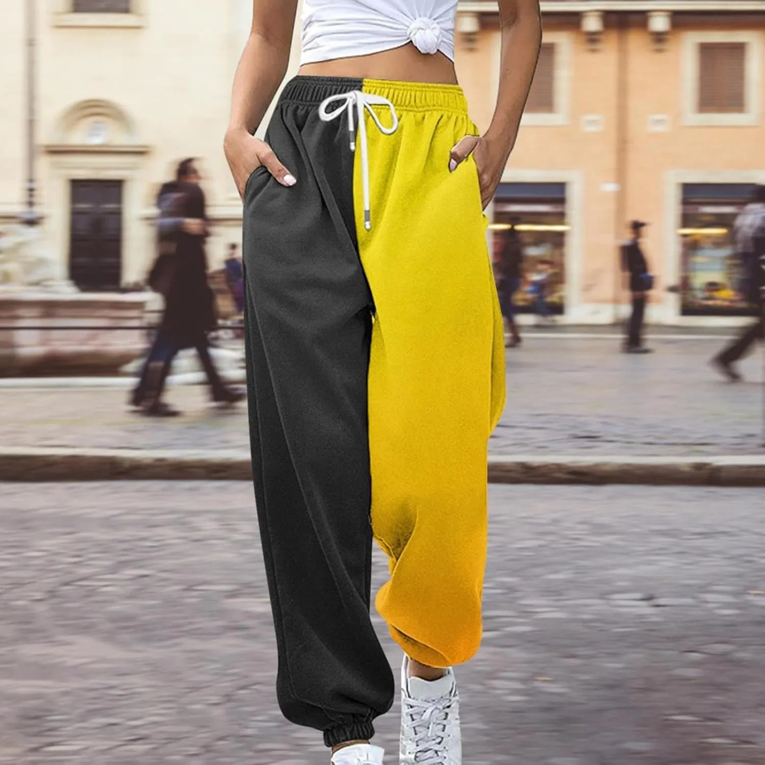 Casual Two Tone Joggers for Women Loose Drawstring Elastic High Waisted Sweatpants Ankle Cuffed Sport Activewear with Pockets