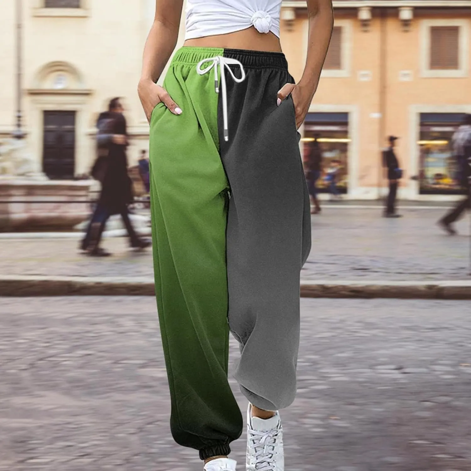Casual Two Tone Joggers for Women Loose Drawstring Elastic High Waisted Sweatpants Ankle Cuffed Sport Activewear with Pockets