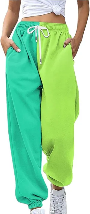 Casual Two Tone Joggers for Women Loose Drawstring Elastic High Waisted Sweatpants Ankle Cuffed Sport Activewear with Pockets