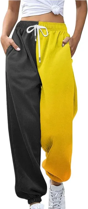 Casual Two Tone Joggers for Women Loose Drawstring Elastic High Waisted Sweatpants Ankle Cuffed Sport Activewear with Pockets