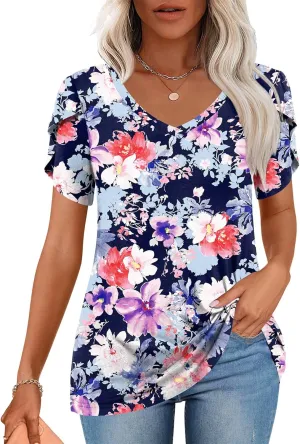 CATHY 2025 Womens Tops Summer Short Sleeve V Neck Tunic T-Shirts Blouse S-4XL