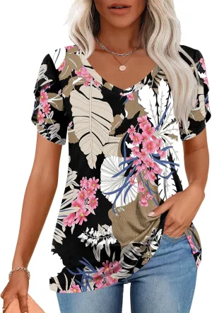 CATHY 2025 Womens Tops Summer Short Sleeve V Neck Tunic T-Shirts Blouse S-4XL