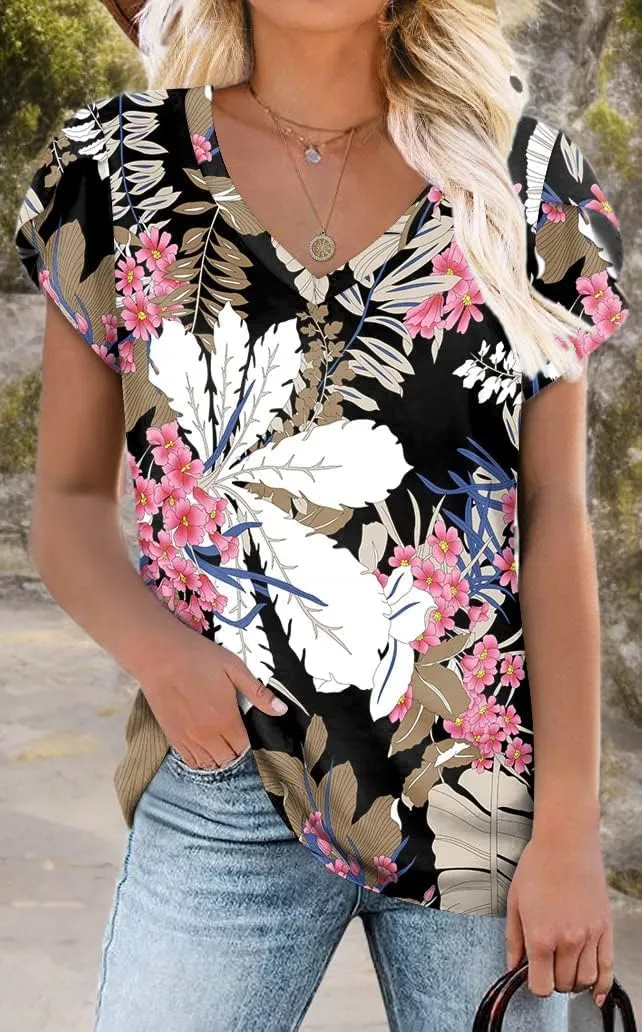 CATHY 2025 Womens Tops Summer Short Sleeve V Neck Tunic T-Shirts Blouse S-4XL