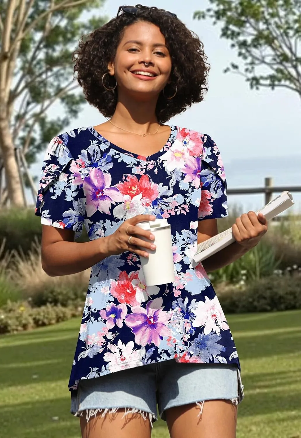CATHY 2025 Womens Tops Summer Short Sleeve V Neck Tunic T-Shirts Blouse S-4XL