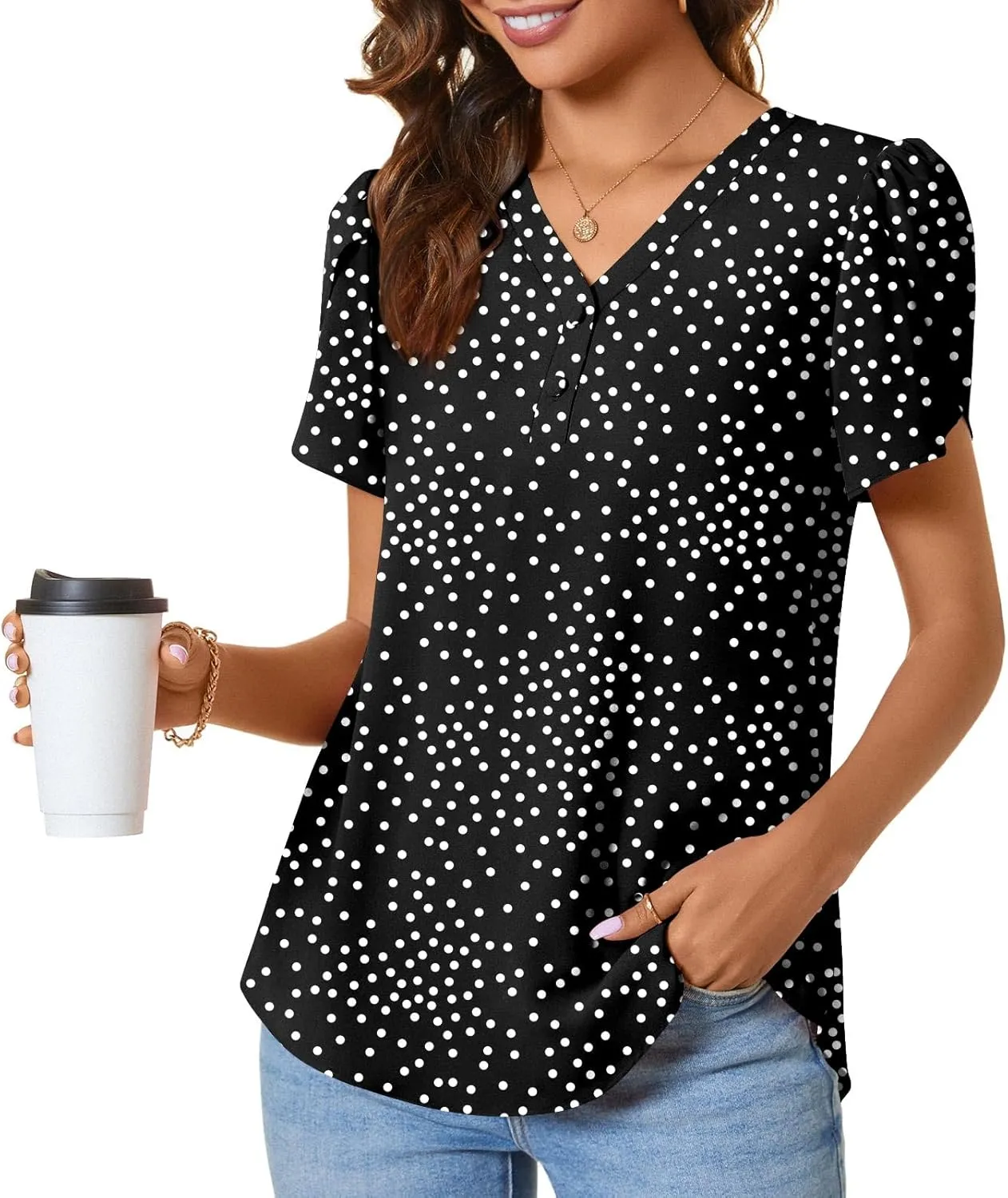 CATHY Womens Casual Summer Tops Dressy Petal Short Sleeve Chiffon Shirts Button Up V Neck Tunic Blouses