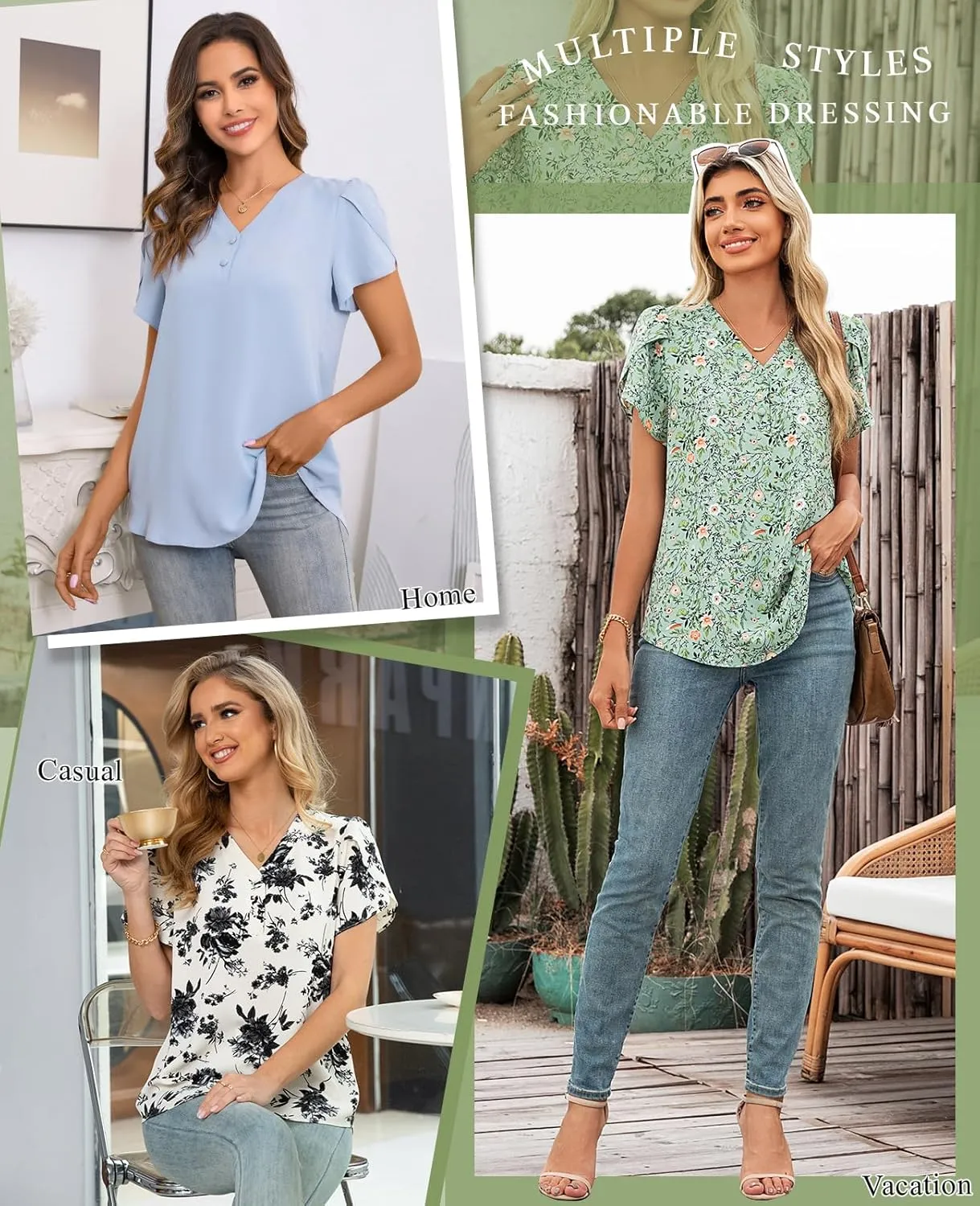 CATHY Womens Casual Summer Tops Dressy Petal Short Sleeve Chiffon Shirts Button Up V Neck Tunic Blouses