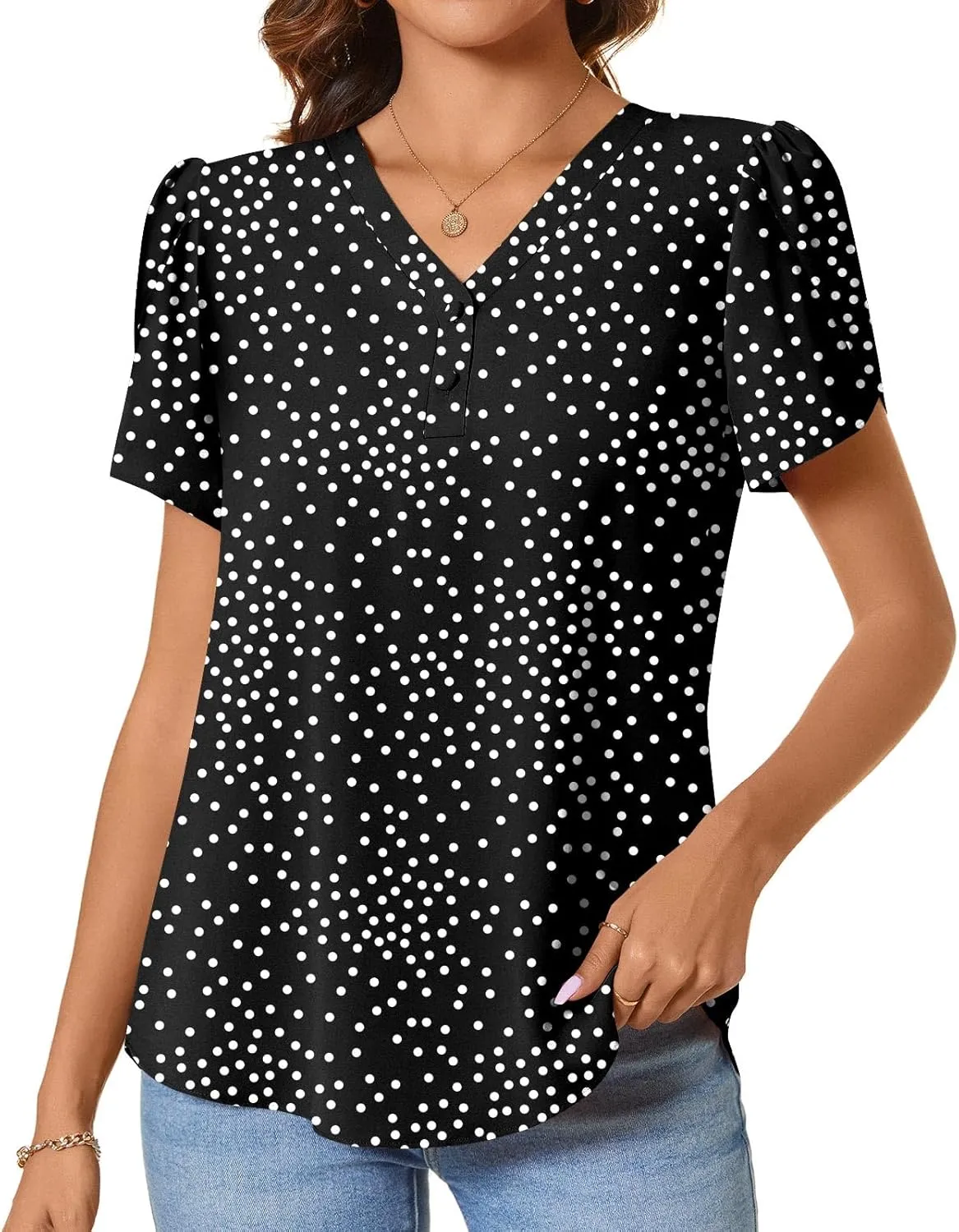 CATHY Womens Casual Summer Tops Dressy Petal Short Sleeve Chiffon Shirts Button Up V Neck Tunic Blouses
