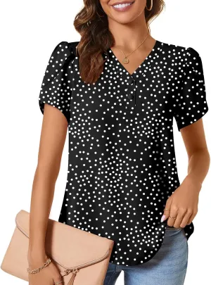CATHY Womens Casual Summer Tops Dressy Petal Short Sleeve Chiffon Shirts Button Up V Neck Tunic Blouses