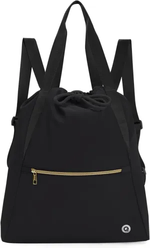 Ceneda Drawstring Backpack String Bag for Women Men Water Resistant Drawstring Bags Gym Sack with Two Zipper Pockets Sports Gym Bag (Black)