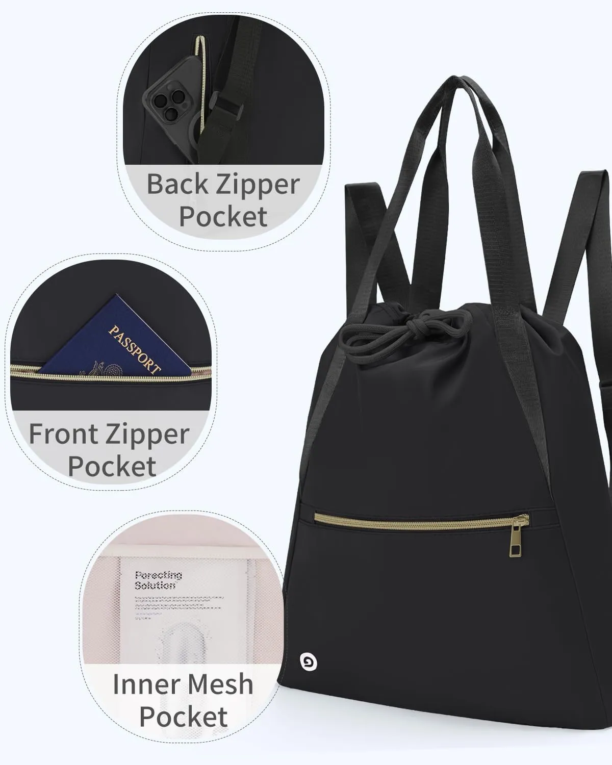 Ceneda Drawstring Backpack String Bag for Women Men Water Resistant Drawstring Bags Gym Sack with Two Zipper Pockets Sports Gym Bag (Black)