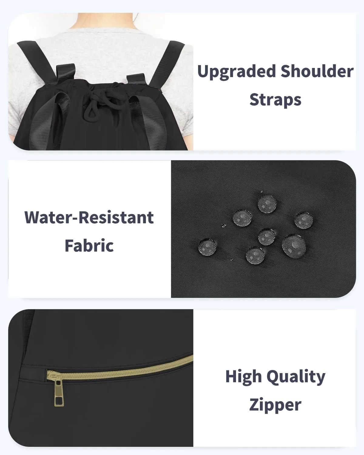 Ceneda Drawstring Backpack String Bag for Women Men Water Resistant Drawstring Bags Gym Sack with Two Zipper Pockets Sports Gym Bag (Black)
