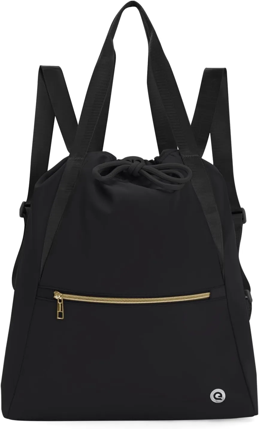 Ceneda Drawstring Backpack String Bag for Women Men Water Resistant Drawstring Bags Gym Sack with Two Zipper Pockets Sports Gym Bag (Black)