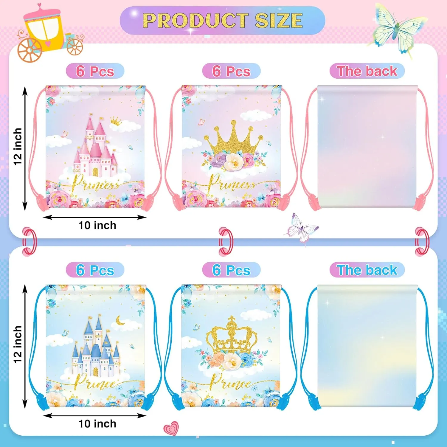 Censen 24 Pcs Drawstring Bags Set Bulk 12 x 10 Inch Princess Prince Party Favor Bags Crown Castle Floral Favor Gift Bag for Kids Gift Party Supplies (castle and Crown Style)