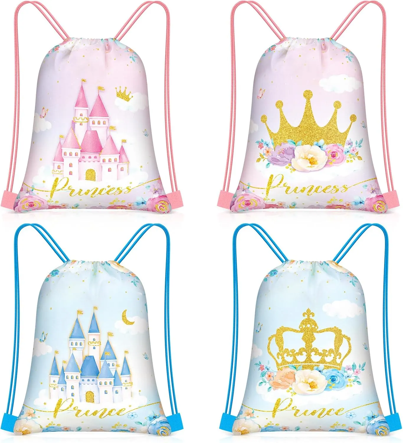 Censen 24 Pcs Drawstring Bags Set Bulk 12 x 10 Inch Princess Prince Party Favor Bags Crown Castle Floral Favor Gift Bag for Kids Gift Party Supplies (castle and Crown Style)