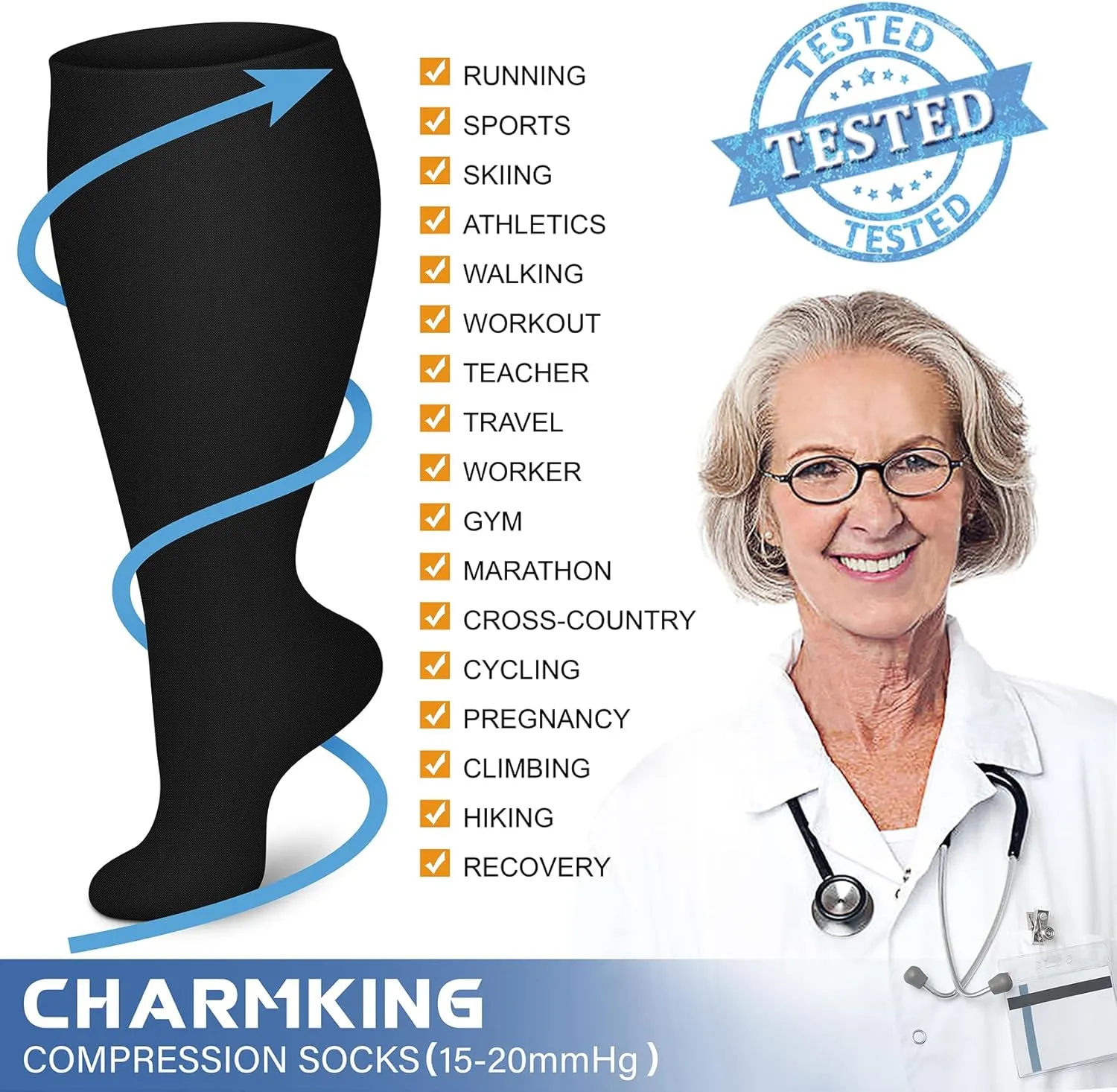 CHARMKING 3 Pairs Plus Size Compression Socks for Women & Men Extra Wide Calf 20-30 mmHg Best Support for Circulation