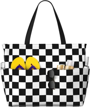 Check Black White Checkered Pattern Checkerboard Beach Bag Women Tote Bag Pool Bag With Zipper For Gym Grocery Travel With Wet Pocket