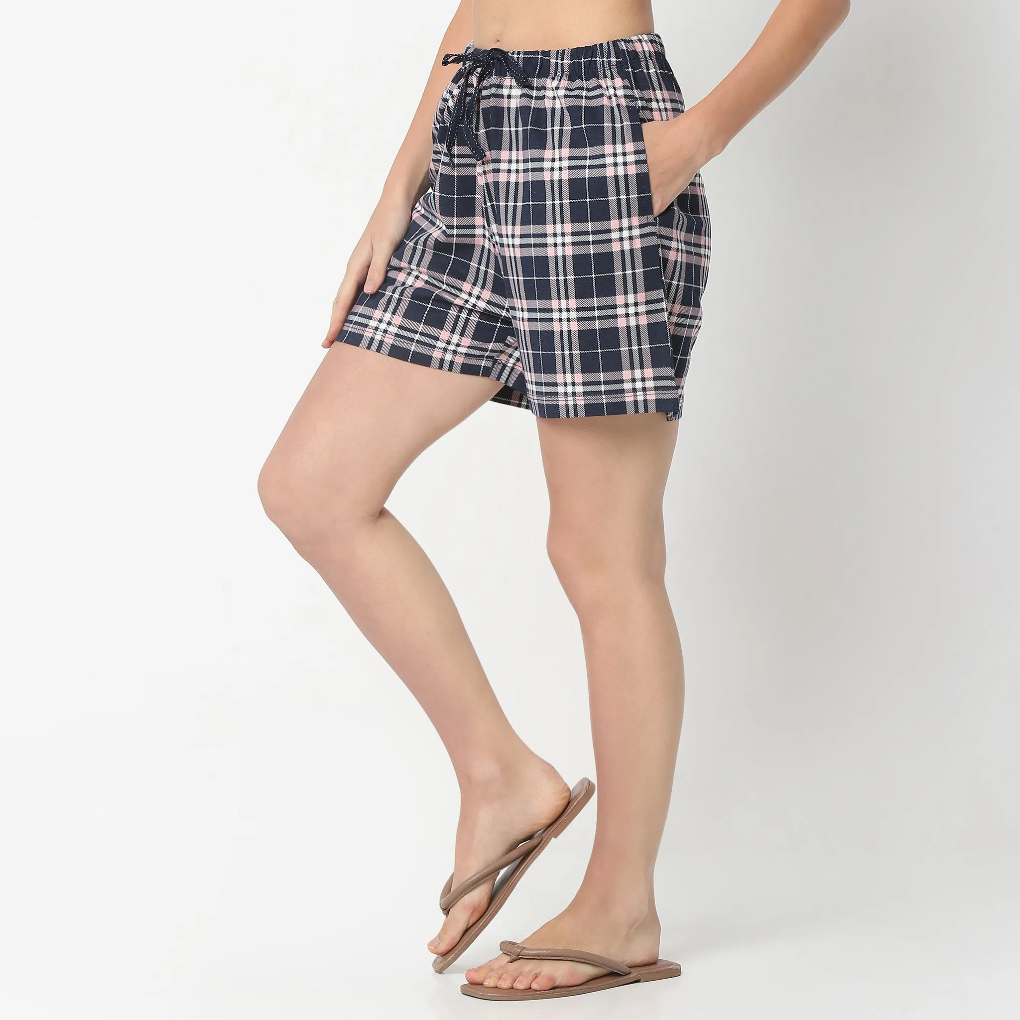 Checkered Above Knee Mid Rise Lounge Shorts