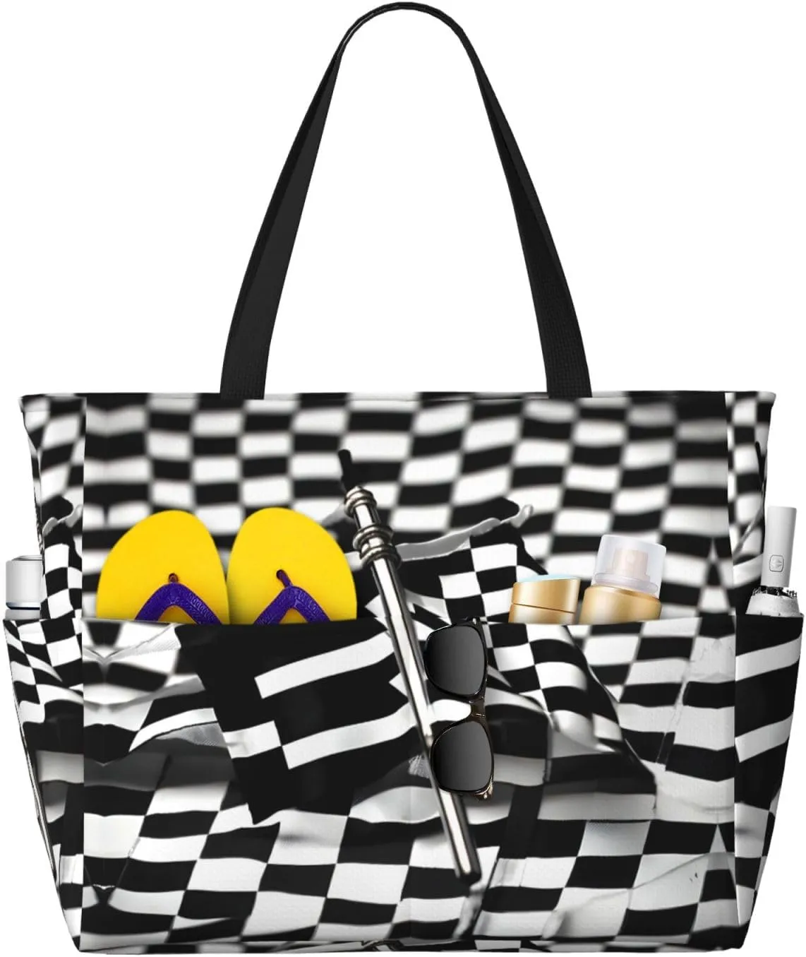 Checkered Flags Race Flags Large Capacity Foldable Tote Bag Women Beach Tote Bag Handbag Gym Bag Travel Shopping Bag