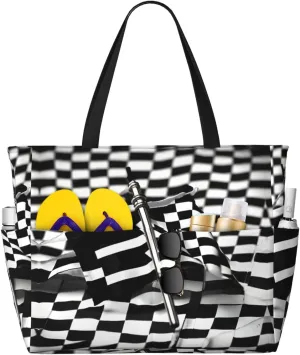 Checkered Flags Race Flags Large Capacity Foldable Tote Bag Women Beach Tote Bag Handbag Gym Bag Travel Shopping Bag