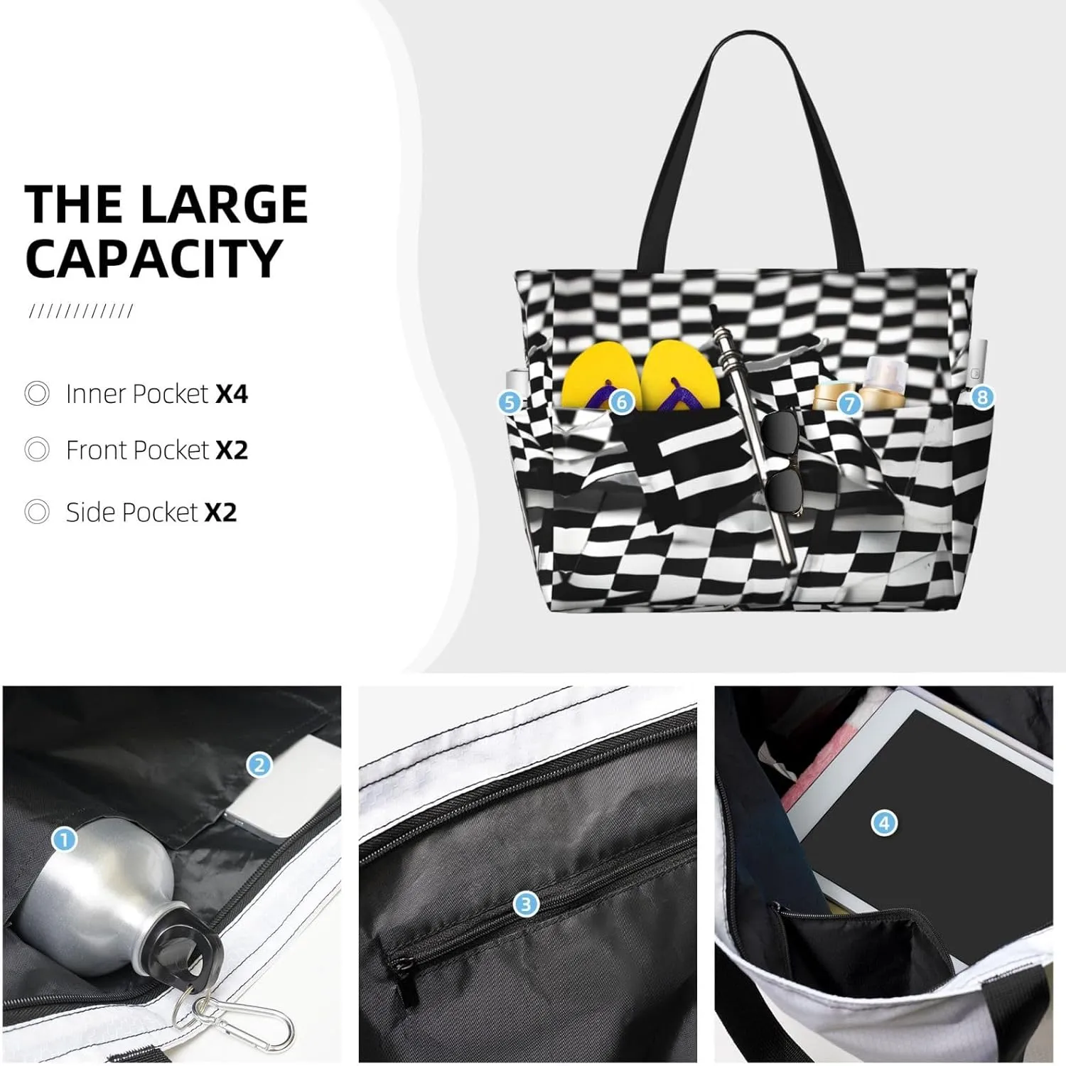 Checkered Flags Race Flags Large Capacity Foldable Tote Bag Women Beach Tote Bag Handbag Gym Bag Travel Shopping Bag