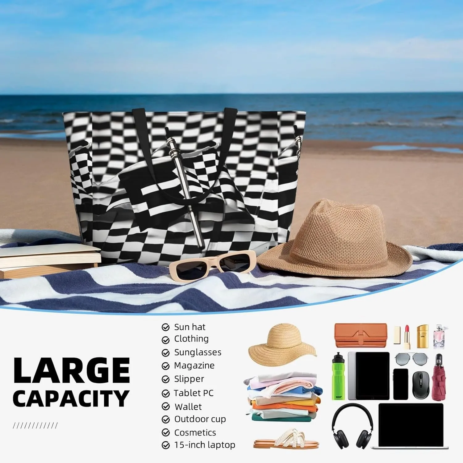 Checkered Flags Race Flags Large Capacity Foldable Tote Bag Women Beach Tote Bag Handbag Gym Bag Travel Shopping Bag