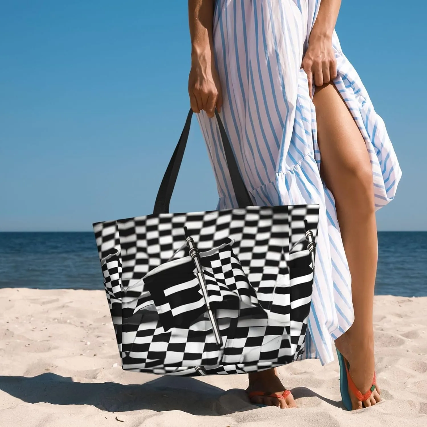 Checkered Flags Race Flags Large Capacity Foldable Tote Bag Women Beach Tote Bag Handbag Gym Bag Travel Shopping Bag