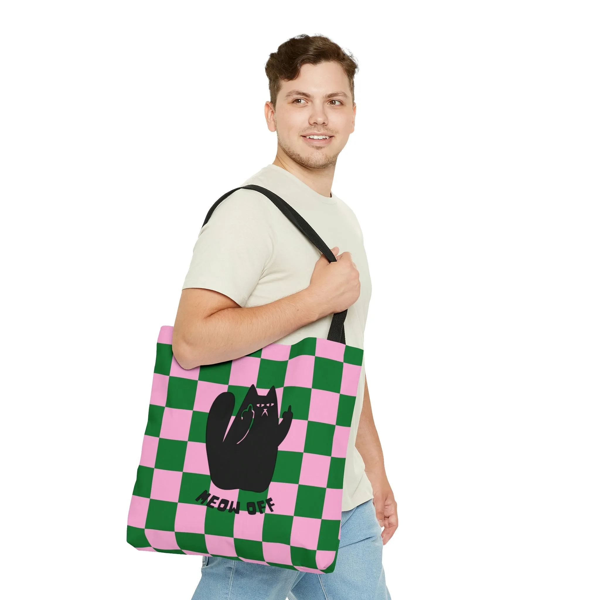 Checkered Funny Cat Canvas Tote Bag