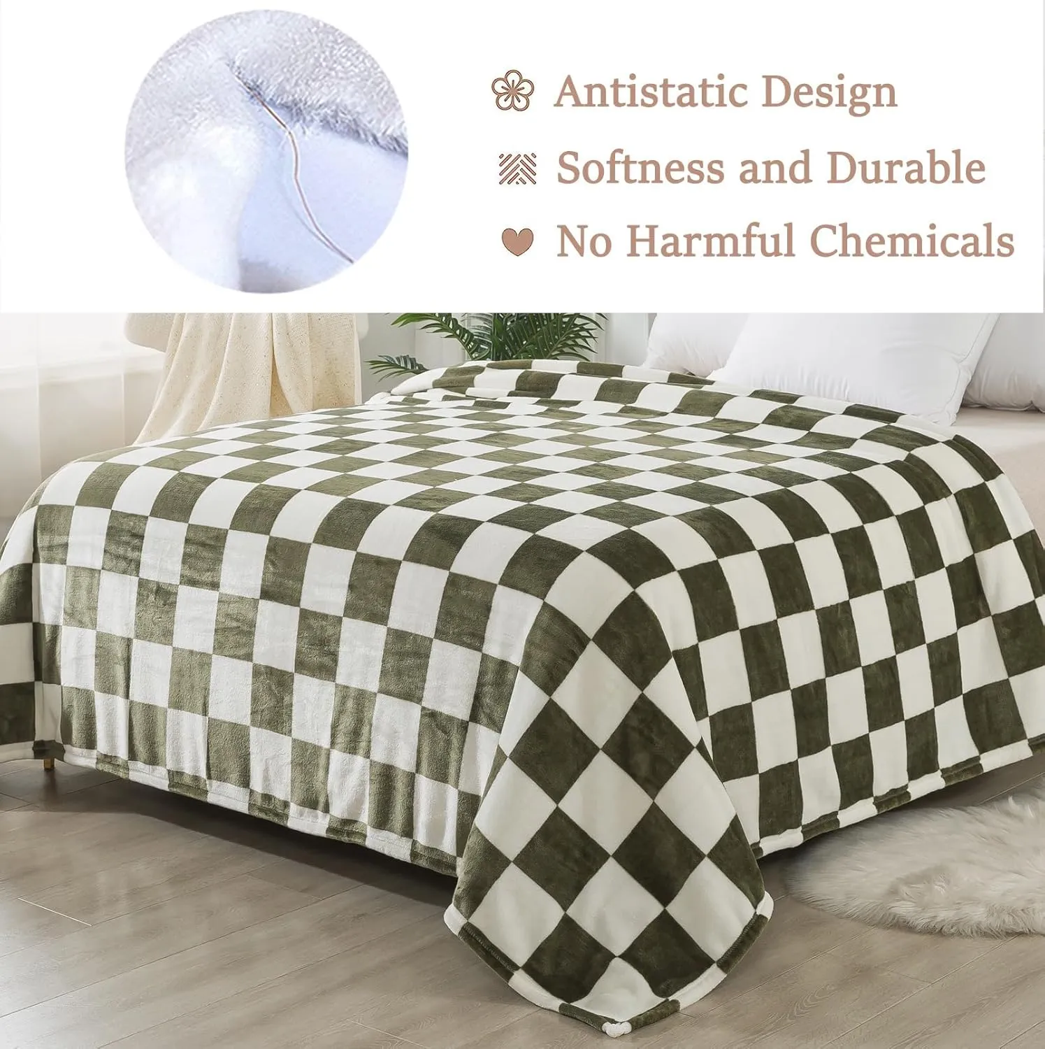 Checkered Queen Size Blanket,90x90 Inches Sage Green Microfiber Soft Cozy Fluffy Warm Hand Made Queen Throw Blankets for Queen Full Bed,Couch, Sofa, Chair, Camping, Picnic,Sage Green