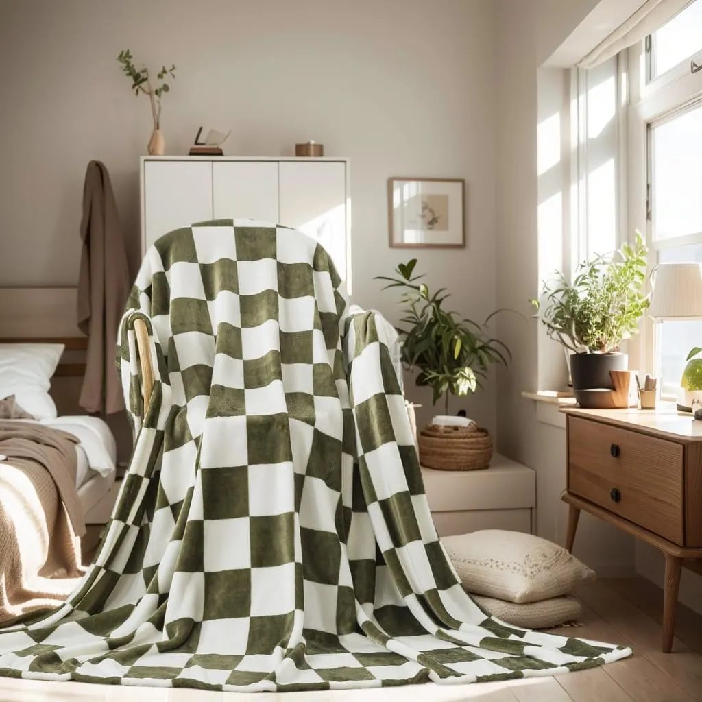 Checkered Queen Size Blanket,90x90 Inches Sage Green Microfiber Soft Cozy Fluffy Warm Hand Made Queen Throw Blankets for Queen Full Bed,Couch, Sofa, Chair, Camping, Picnic,Sage Green