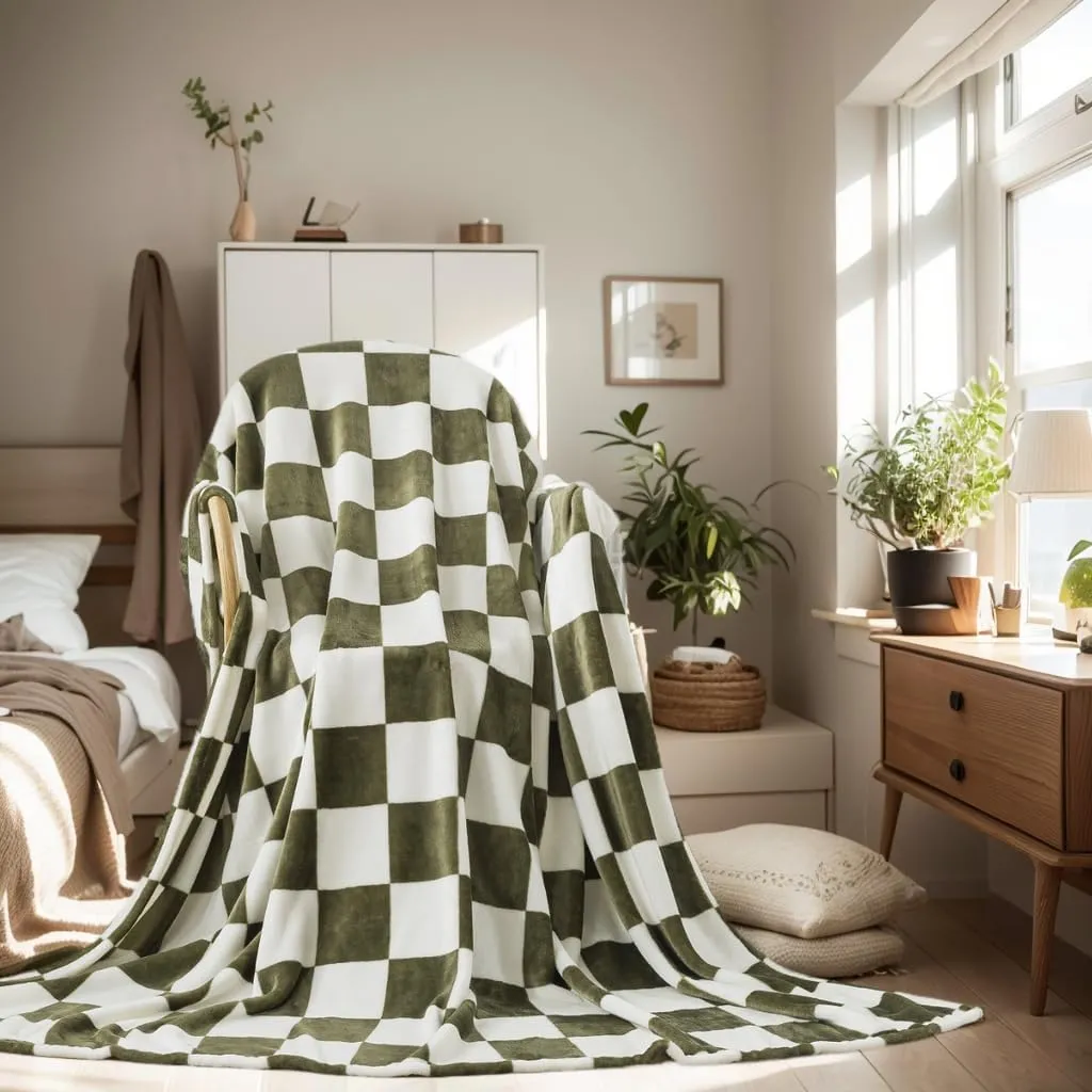 Checkered Queen Size Blanket,90x90 Inches Sage Green Microfiber Soft Cozy Fluffy Warm Hand Made Queen Throw Blankets for Queen Full Bed,Couch, Sofa, Chair, Camping, Picnic,Sage Green